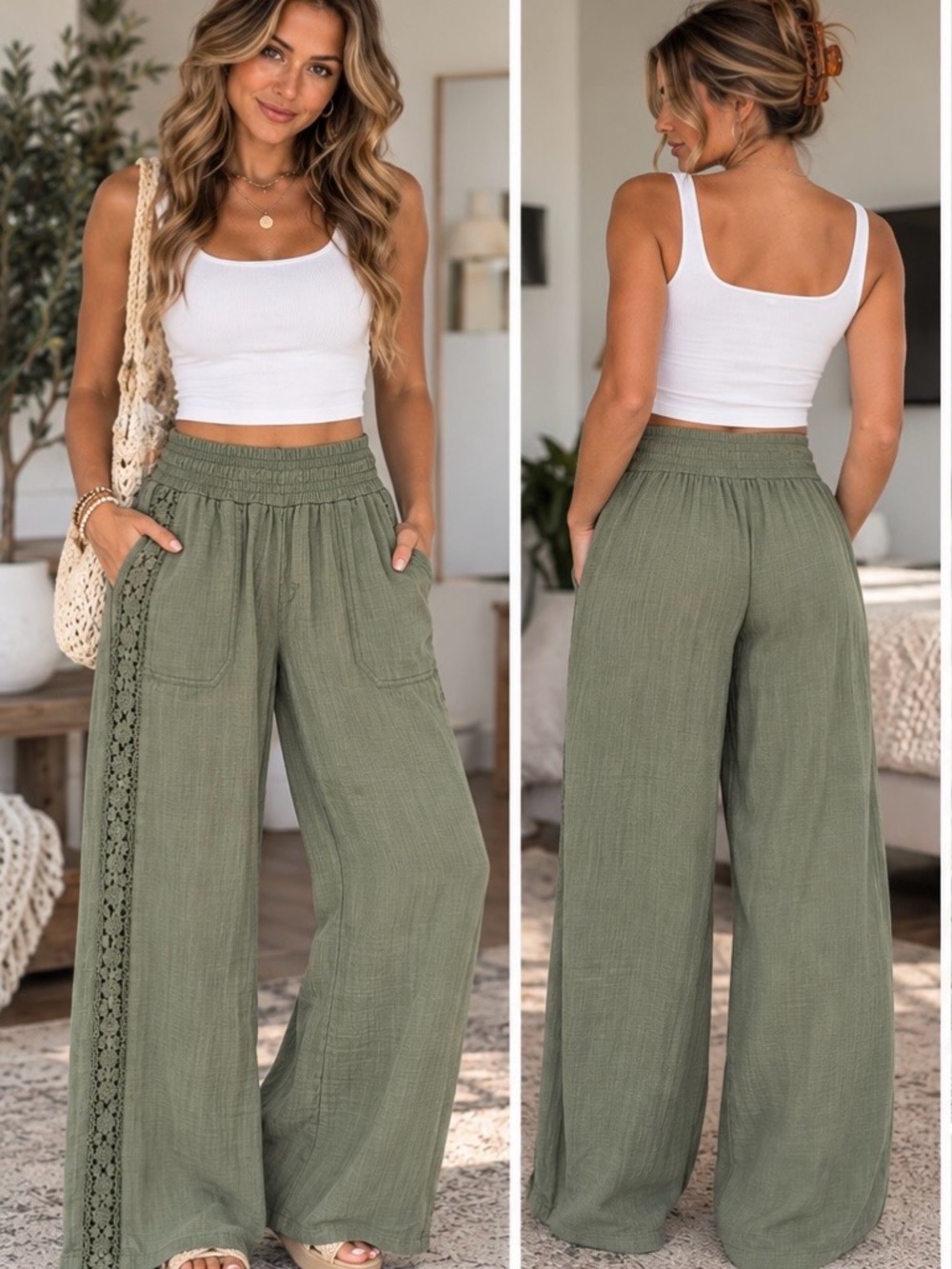 Aerie Sage Green Wide Leg Gauze Pants Crochet Side Stripe Boho
